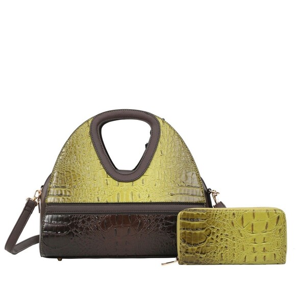 Women's 2pcs Olive Crocodile Pattern Handbag and Wallet Set - Picture 1 of 2